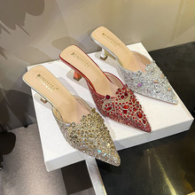 2025年夏新款网红水钻半拖鞋包头凉拖高跟拖鞋女外穿时尚细跟尖头