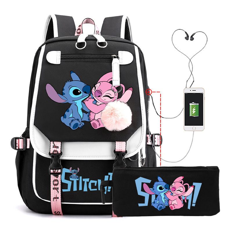 国境を越えた売れ筋漫画スクールバッグリロとスティッチかわいいステッチバックパック USB カジュアル学生バックパック鉛筆バッグ|undefined