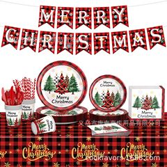 新しい赤と黒のチェック柄クリスマスツリーテーマパーティー装飾クリスマス使い捨て紙皿紙コップティッシュ食器