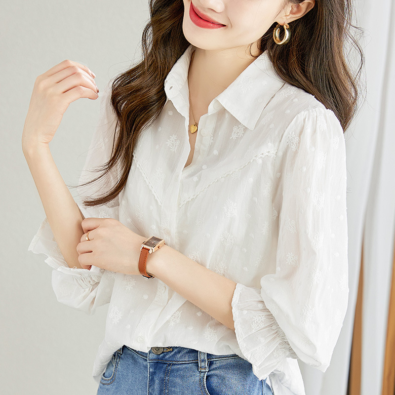 Cotton Embroidery White Shirt for Women, Long-Sleeved, 2026 Spring New Style, Pure Cotton Embroidered Top, High-End Women's Shirt