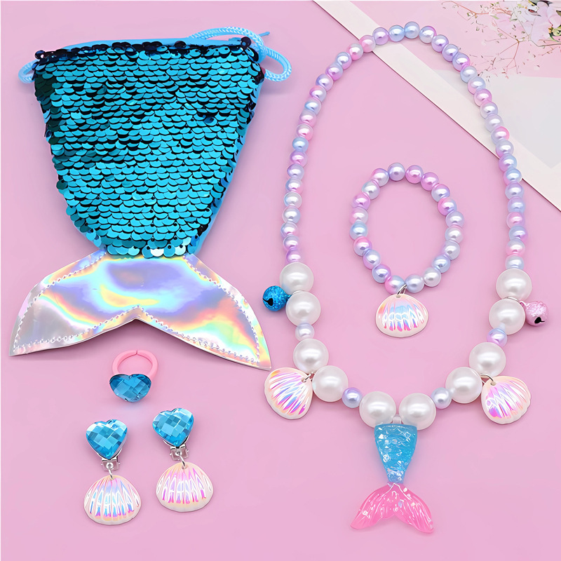 보석 블루 공주 물고기 꼬리 목걸이 가방 세트