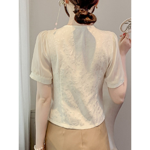 New Chinese Style Collarless Button Shirt for Women - Summer 2025, Hand-Embroidered Short-Sleeve Top, Retro Patterned Blouse