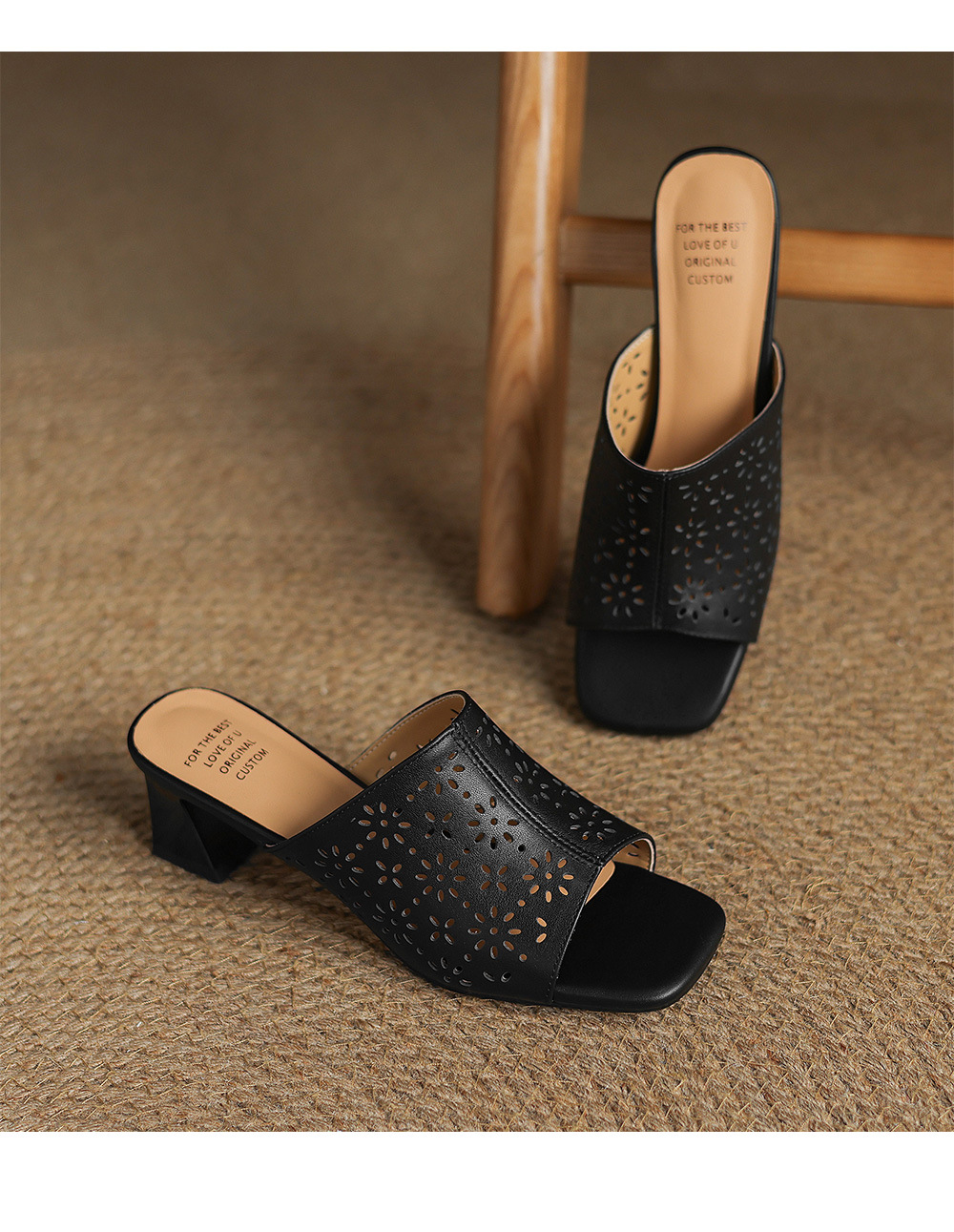 Sandal cao gót nữ hở mũi quai ngang da bò đục lỗ, gót 5 cm — đen chi tiết 17