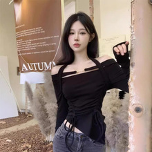 长袖T恤女秋辣妹性感一字肩露锁骨挂脖紧身不规则抽绳打底衫上衣