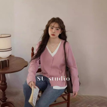 NAZ微胖大码2025年春秋新款V领假两件斜角不规则开叉针织衫