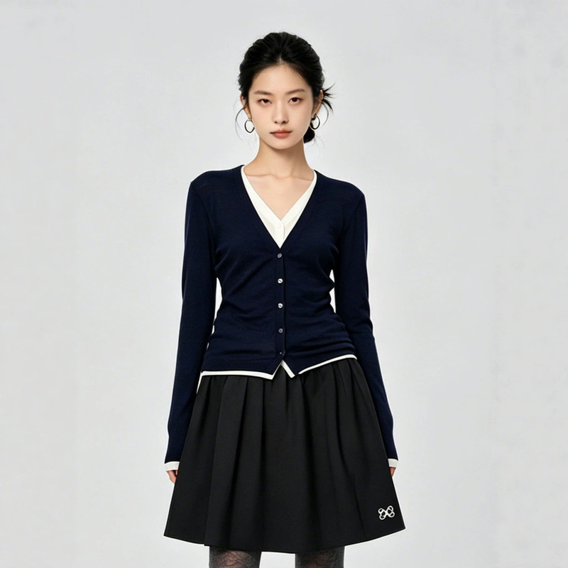 Factory Direct Sale 26 Autumn Patchwork Knit Sweater Fake Two-Piece Long-Sleeve V-Neck Cardigan Button Knit Cardigan for Women