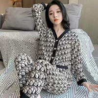 Весенне-осенние пижамы, Женский хлопковый кардиган в Корейском стиле с V-образным вырезом, брюки с длинными рукавами, пижама из двух частей, домашнюю одежду можно носить на улице