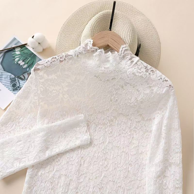 2024 fleece-lined Half-turtleneck Slim-fit Lace Shirt Long-sleeved T-shirt Women's Korean-style Elegant Tight-fitting Western-style Hollow Base Shirt