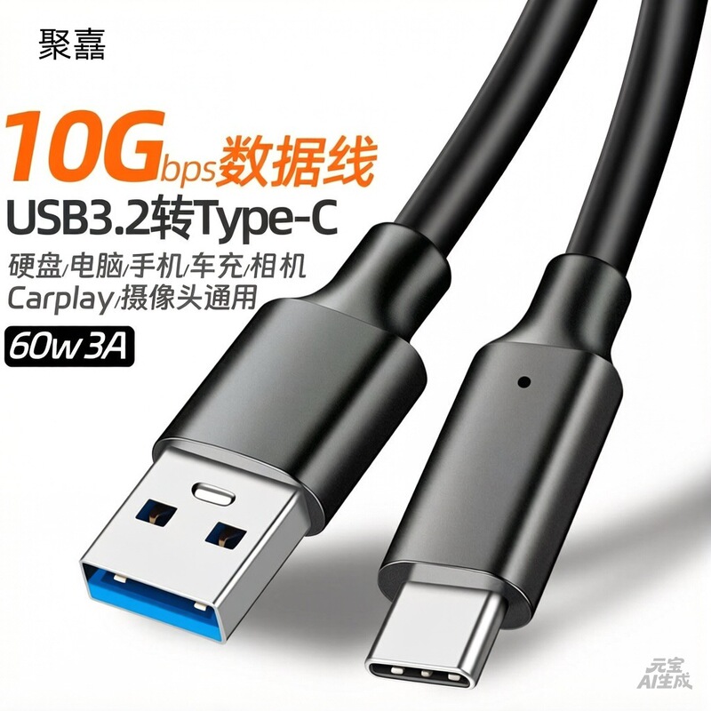 Usb-A to Type-C High-Speed Cable 10Gbps Transmission 60W Fast Charging Computer Phone Car Charger Camera Universal Cable