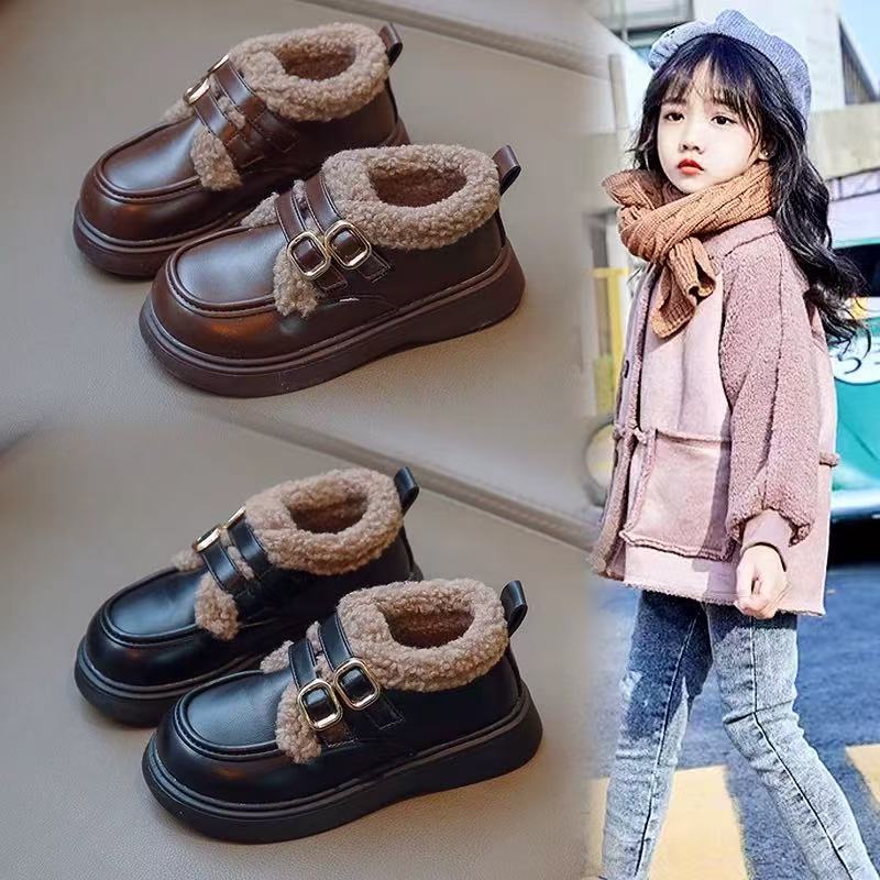 Girls' Small Leather Shoes Autumn and Winter 2025 New Velvet Kidsren's Princess Bean Shoes Medium and Large Kidsren's Warm Girls' Cotton Shoes