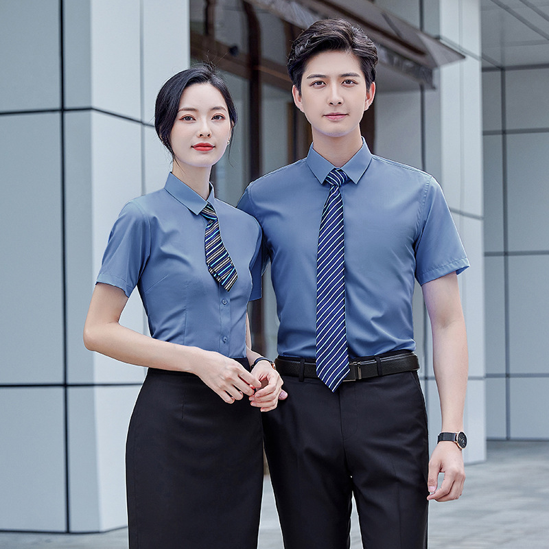 Women's Bamboo Fiber Non-ironing Short-sleeved Shirt Professional Shirt Men's Grey Elastic Work Clothes White Collar Tooling Embroidered Logo