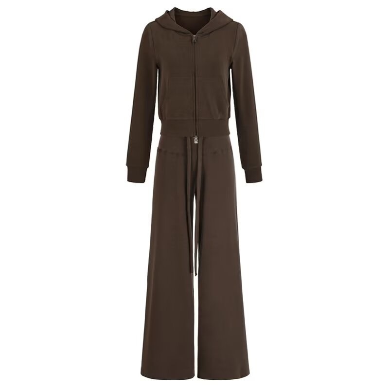Winter Sporty Casual Fitness Women's Sweatshirt And Pants Set Hooded Zip up Sweatshirt Low Rise Drawstring Pants_ecoleips.com