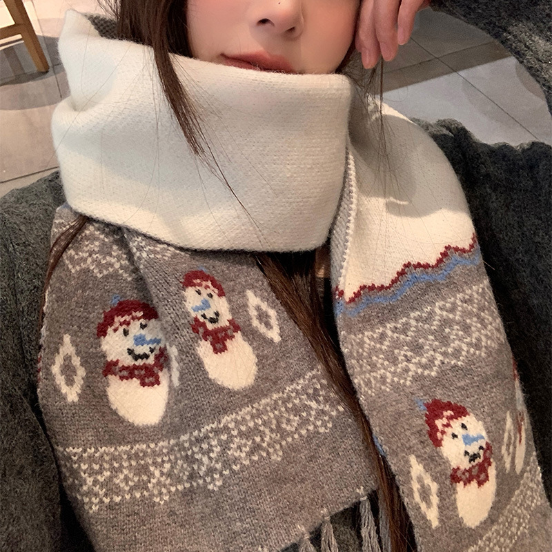 可爱雪人灰色针织围巾女冬季圣诞韩系氛围感保暖百搭学生护颈围脖|undefined