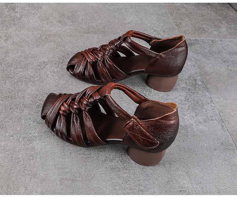 Sandal nữ quai ngang gót vuông ổn định, mũi tròn da bò thật, đế cao 5 cm — màu nâu chi tiết 14