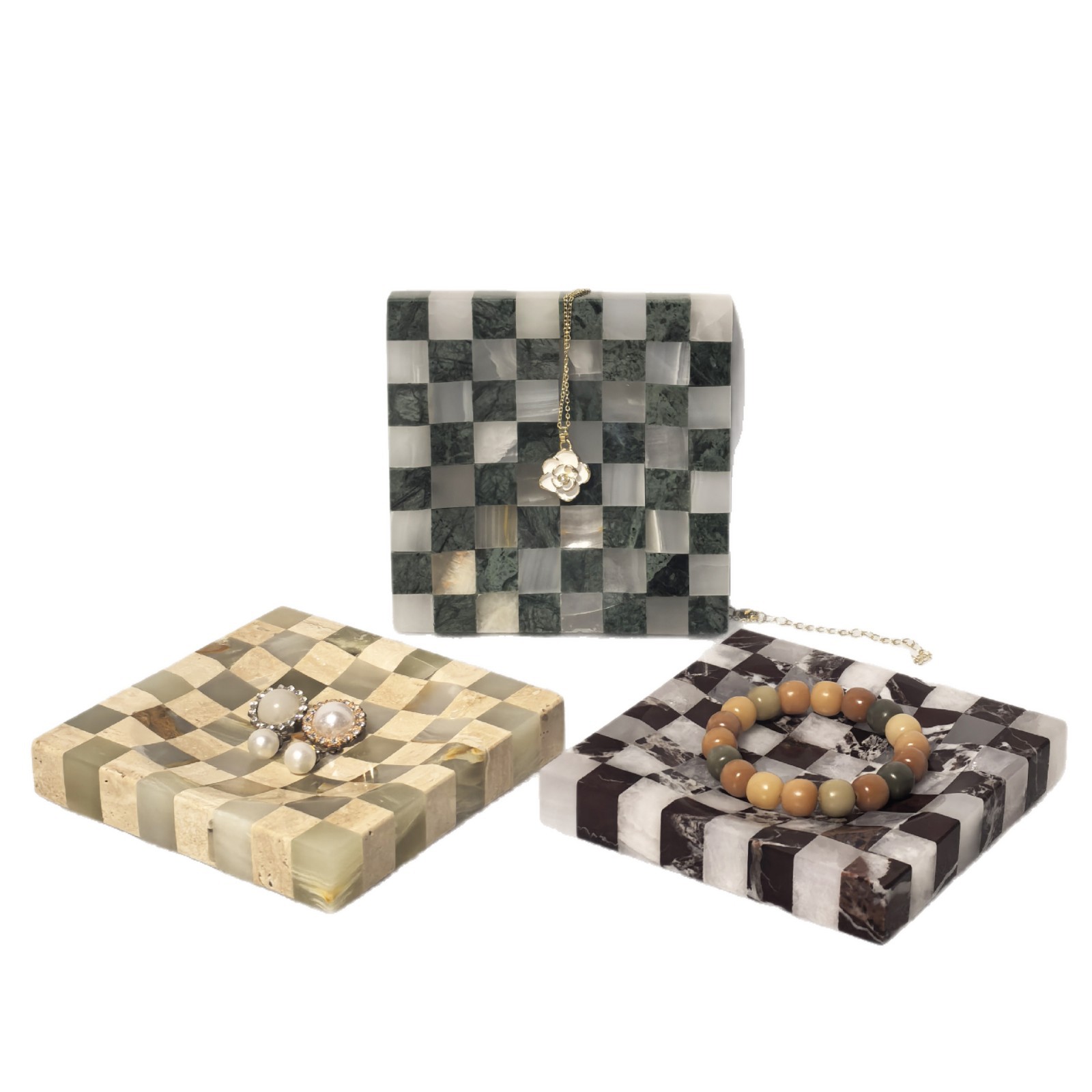 Temu Amazon vende bandejas de mármol natural con patrones de mosaico de bandejas de joyas empalmadas a cuadros