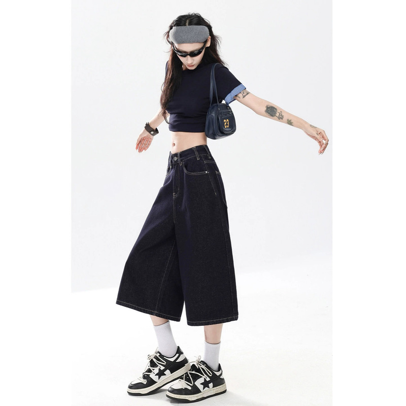 American Retro Dark Blue High-Waisted Straight-Leg Drapey Jeans for Women, Summer Petite Loose Versatile Wide-Leg Cropped Pants
