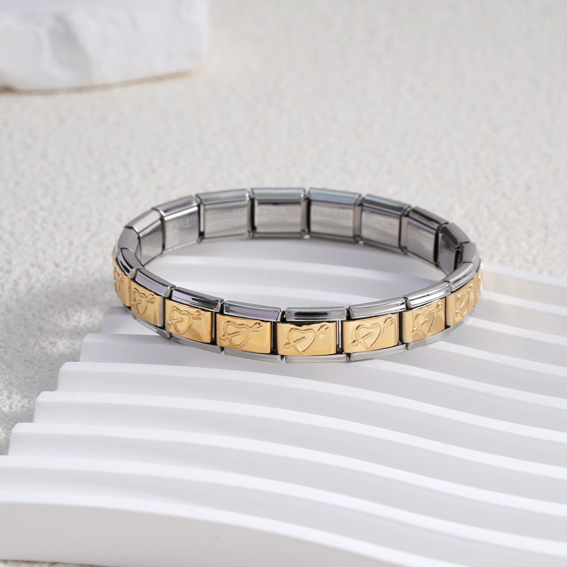 stainless steel bracelet, removable elastic link watch strap, italian european style, assorted charms