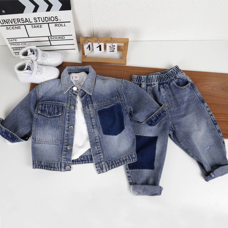 男の子スーツ 2025春秋新作秋服子供デニムツーピースセットストリート服ハンサム韓国風子供服|undefined