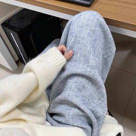 蓝色软糯阔腿裤女秋冬宽松显瘦休闲直筒裤高腰慵懒垂感拖地长裤子
