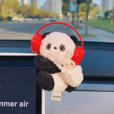 Car Ornaments Plush Doll: Car ornaments - papa-ornaments-free-glue-panda-red-headphones-plush-white-bag-with-white-rabbit-on-the-back