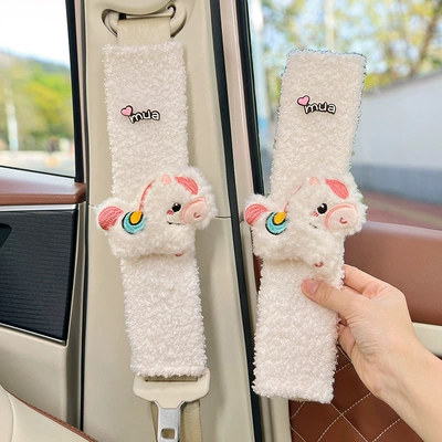 for Cars, High-End Creative and Cute: Seat belt shoulder pad - white-plush-horse-white-lambswool-shoulder-pads-30cm-pair