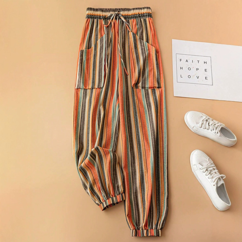 Women's Colorful Striped Jogging Pants, Long Paperbag Waist Loungewear with Pockets, Non-Stretch Woven Fabric Women's Colorful Striped Jogging Pants, Long Paperbag Waist Loungewear with Pockets, Non-Stretch Woven Fabric
