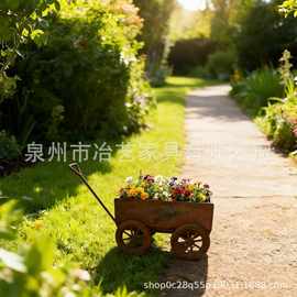 跨境复古做旧铁艺小推车花盆 庭院阳台园艺装饰花器