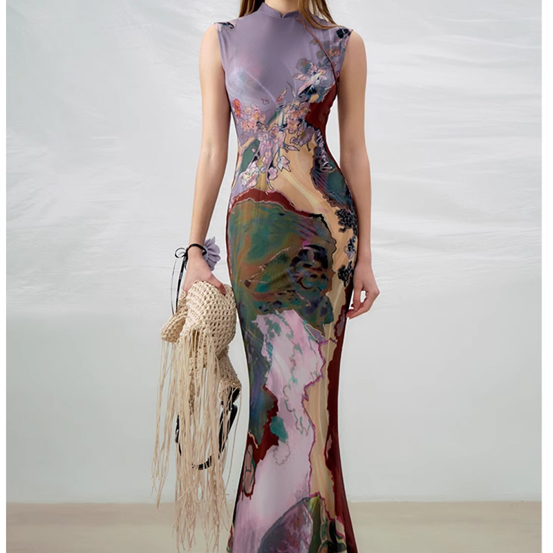 Spot Ofaki New Chinoiserie Front and Back Two-Wear Contrasting Color Cheongsam Dress Women's Printed Fishtail Vest Dress