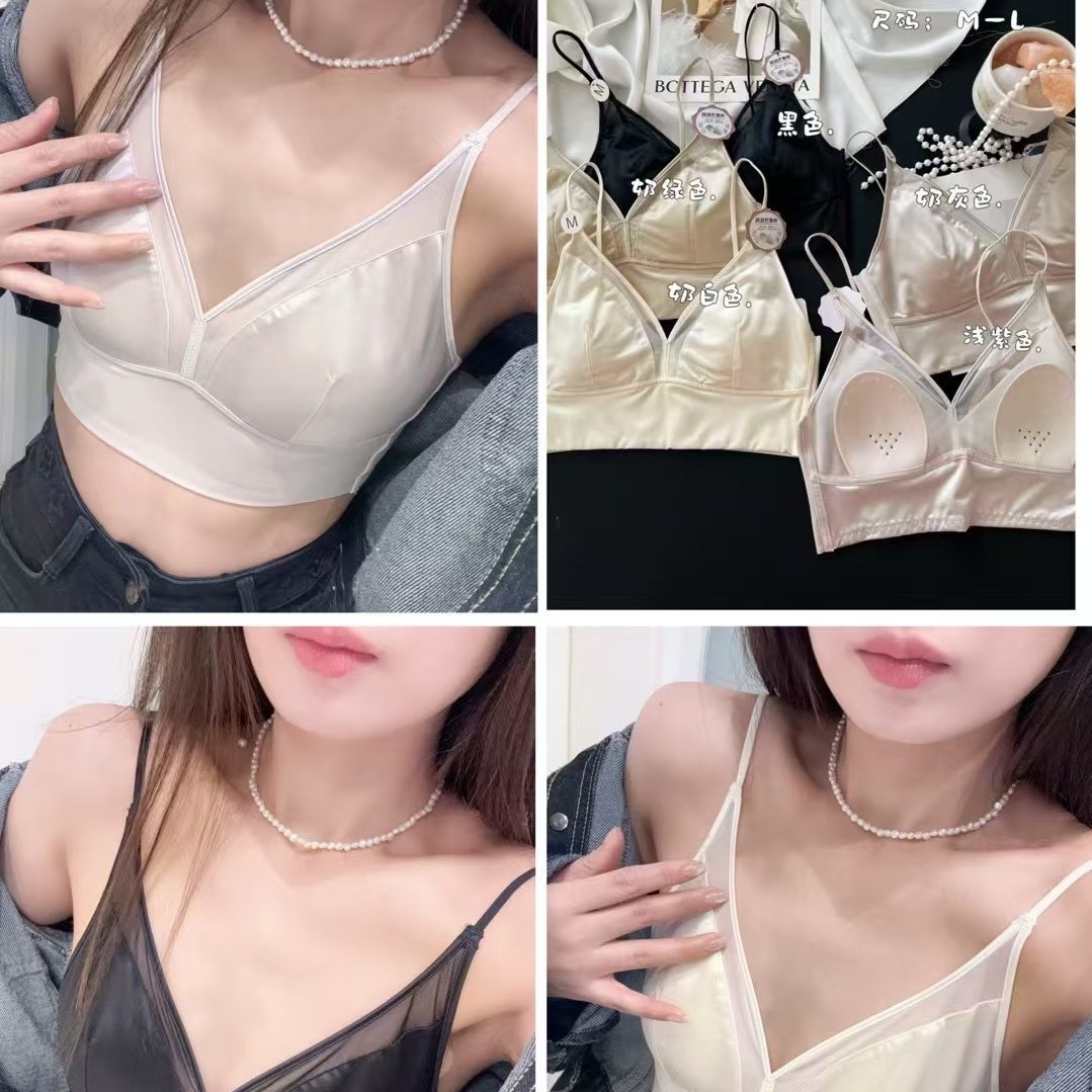 Light and traceless beautiful back satin spliced mesh deep V-neck sexy tempting breathable comfortable fixed cup wrapping breast 6276