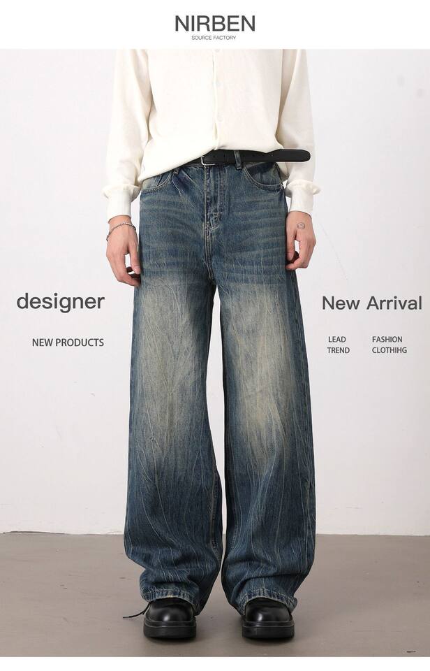 Quần jean nam ống rộng dáng suông màu xanh wash, râu mèo, phong cách đơn giản dễ phối đồ — Màu xanh dương chi tiết 3