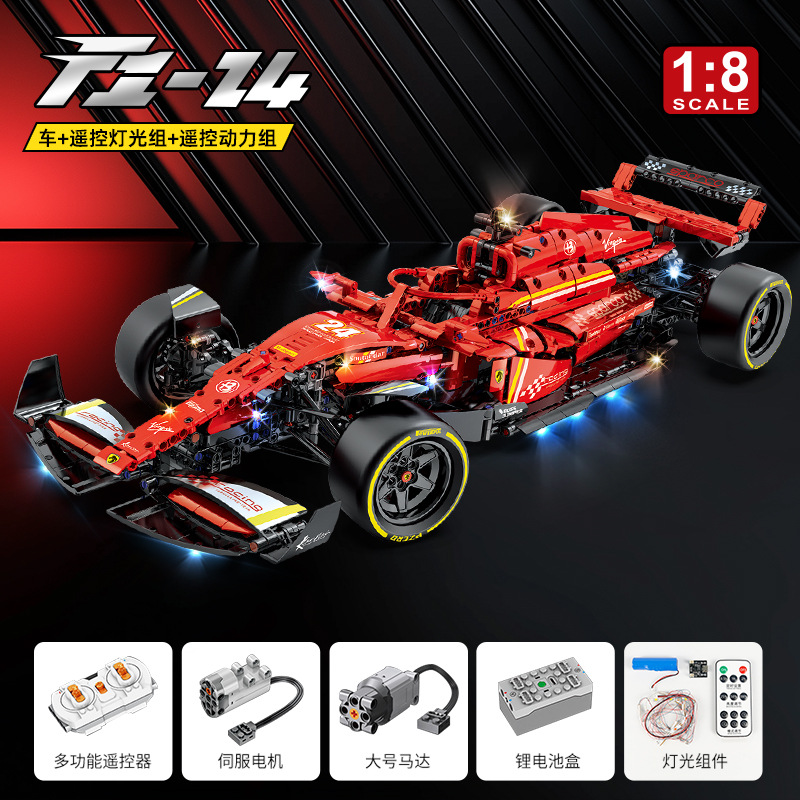 Bloques de Construcción de Alta Dificultad, Coche de Carreras de Fórmula 1 Ferrari, Escala 1:8, con Efecto de Sonido de Llama Trasera Mejorado