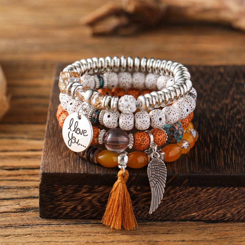 Love You Bracelet Set Personalized Wings Four-Piece Bracelet Set Amazon Wish Cross-Border Supply Elastic Bracelet Wholesale