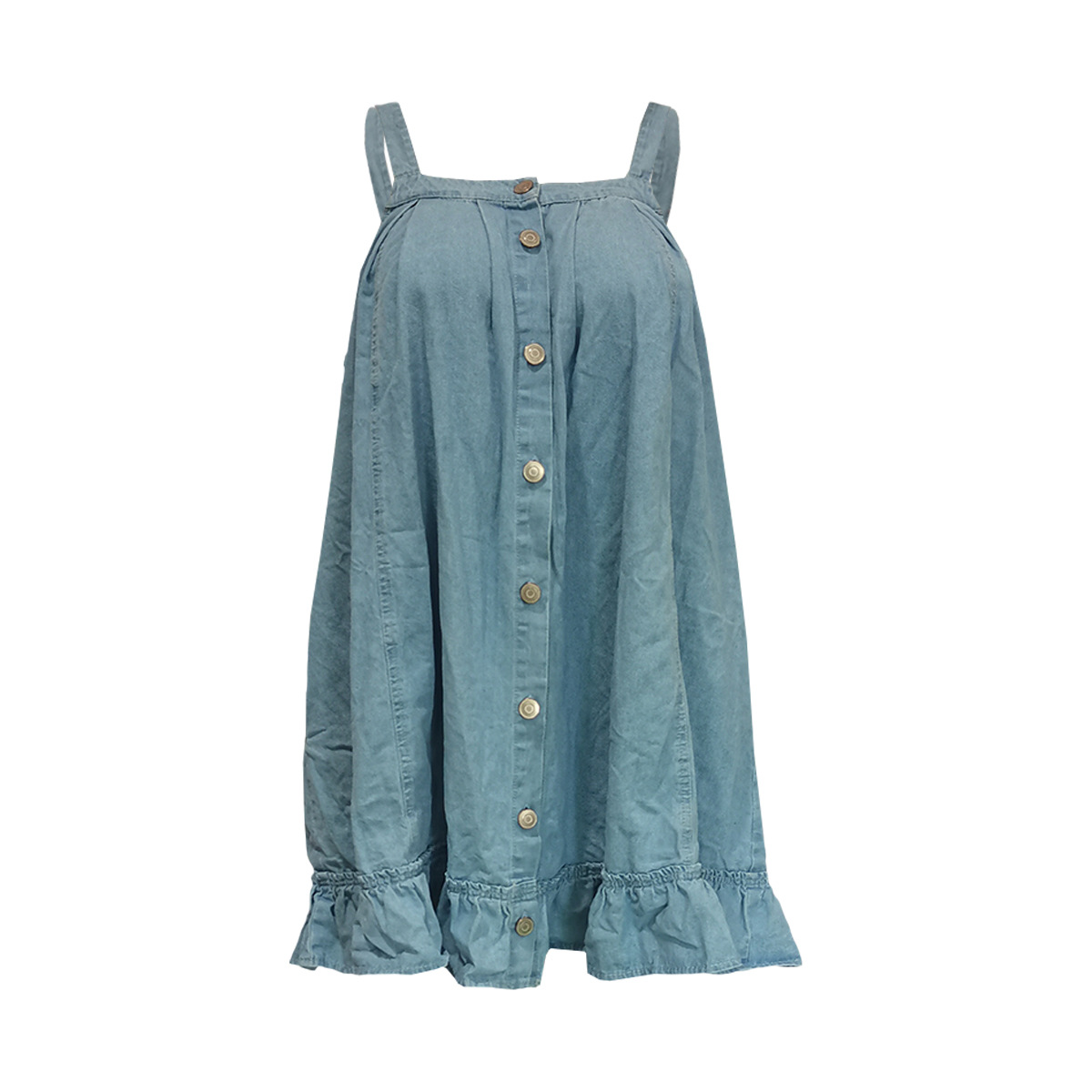 women's clothing Solid color suspenders button pocket loose washed denim dress_mkmklike.com