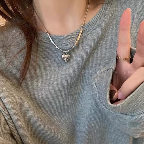 Cool Wind Stereo Heart Block Ancient Necklace Ins Design Versatile Titanium Steel Pendant Crystal Non-fading