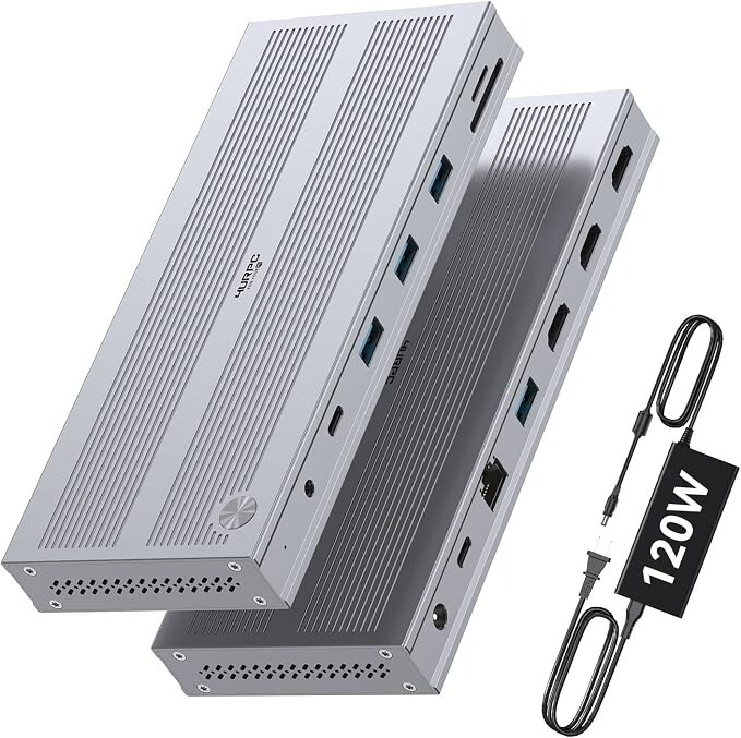 DisplayLink docking station can connect to 3 monitors, comes with a 120W power adapter and 5 USB ports DisplayLink docking station can connect to 3 monitors, comes with a 120W power adapter and 5 USB ports