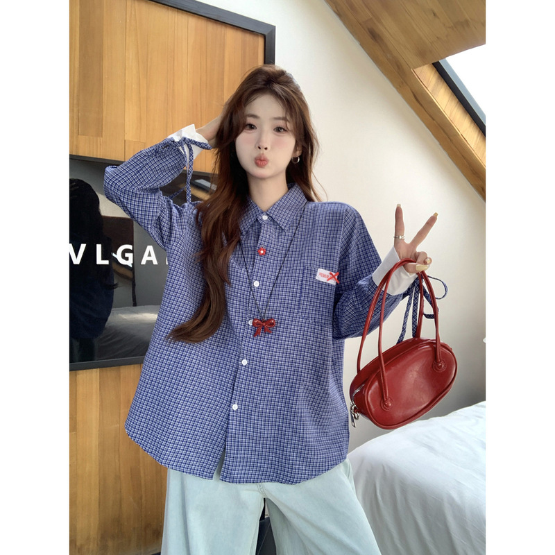 韓国系レトロ学院風青い格子シャツ女性2025春のゆるいデザインのユニークなストラップ長袖上着|undefined