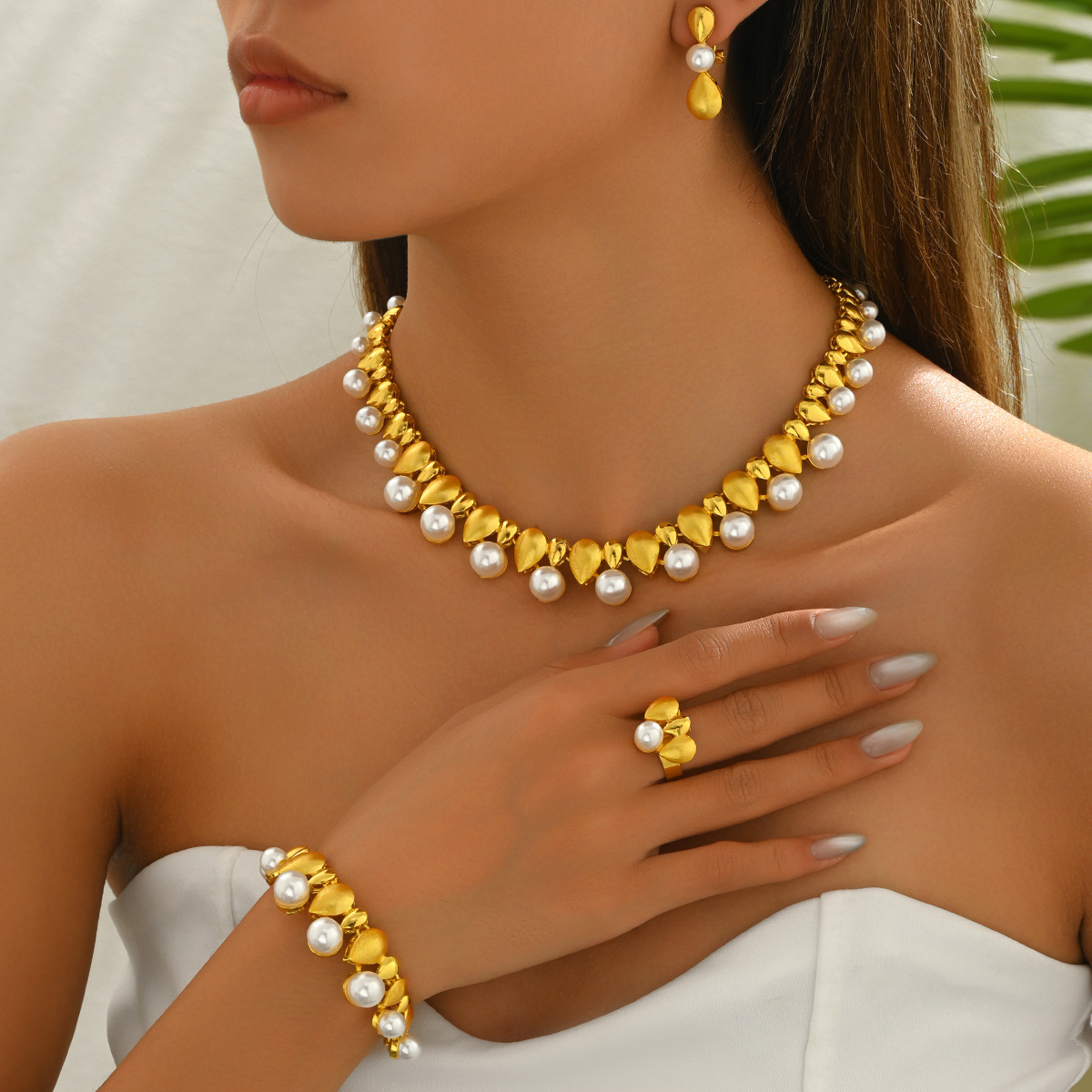 Conjunto de collar largo y pendientes geométricos de perlas, de lujo ligero y con anillo abierto, estilo europeo para mujer, muy popular como regalo para novia._voghion.com