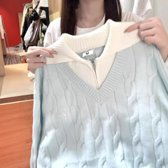 蓝色假两件翻领麻花毛衣女秋冬宽松慵懒风加厚时尚外穿针织衫上衣