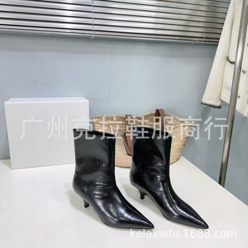 高定2025秋冬简易时髦真皮尖头细跟高跟一脚蹬短靴时装单靴裸靴女|undefined