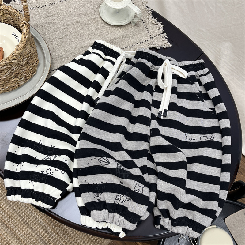 Pantaloni sportivi casual da bambino e bambina in stile occidentale, grandi pantaloni in PP per neonati, pantaloni larghi a righe in cotone per bambini_voghion.com