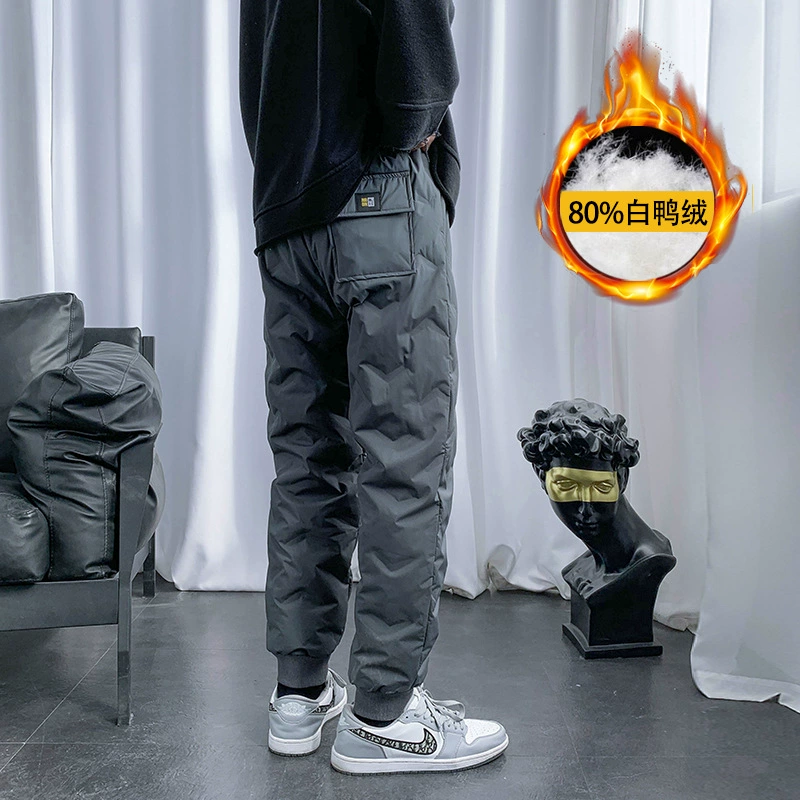Пуховики мужские зимние толстые теплые повседневные длинные брюки на флисовой подкладке, свободные белые хлопковые брюки на северо-востоке с завязкой на щиколотке
