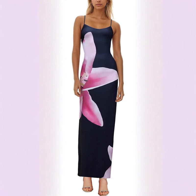 Autumn 2025 New Elegant Temperament Tight Low-cut Contrast Color Rose Print Design One Step Sling dress