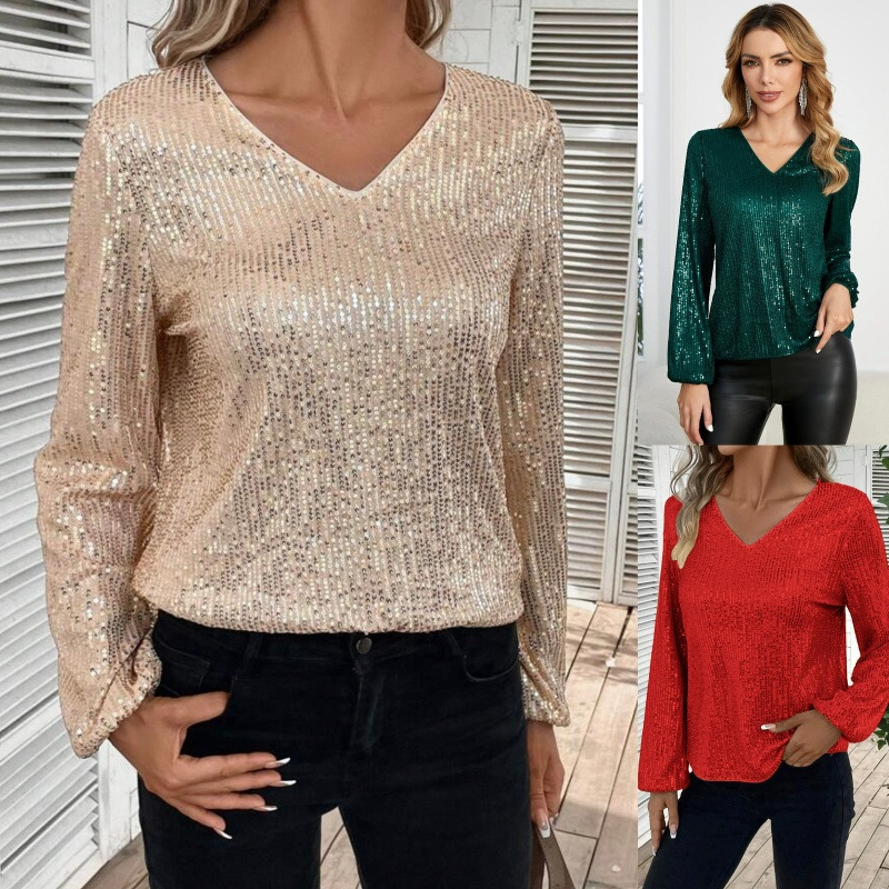 Women's Elegant Loose Fit Long Sleeve V Neck Sequin Tunic Top – Solid Color Glitter Layering Tee_voghion.com