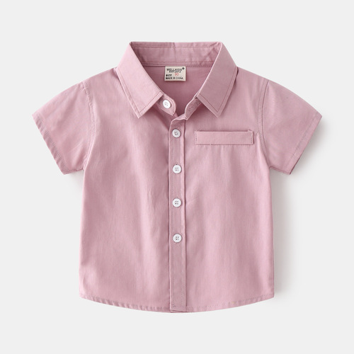 New summer style cotton short-sleeved shirts for small and medium-sized boys, single-color lapel design, casual and trendy children's short-sleeved shirts