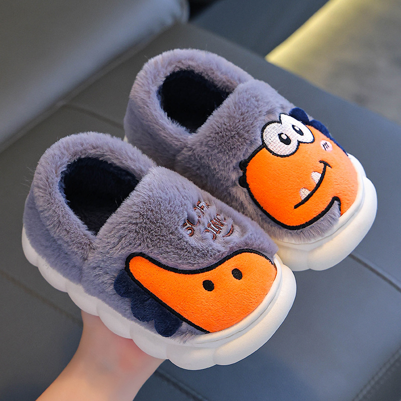 Zapatillas de algodón de invierno para niños y niñas, bolsas de calentamiento con dinosaurios de pelusa antideslizante, zapatos de algodón para padres e hijos
