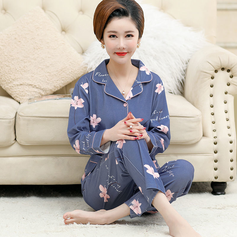Pijamas de mujer de mediana edad 100% algodón Pijamas de mujer de verano de manga larga de mediana edad y madres ancianas usan traje Delgado