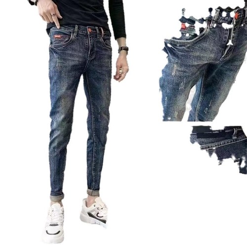 Deep Blue Fleece Lined Thick Slim Fit Men's Jeans Men's Retro Summer Thin Slim Straight Leg Korean Style Elastic Trendy