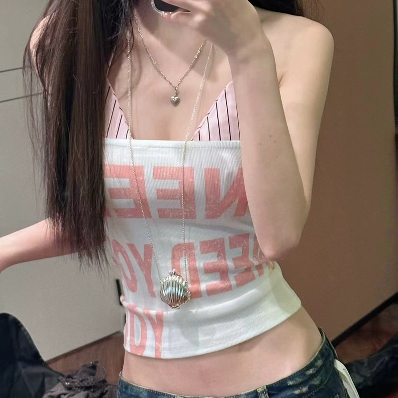 辣妹字母挂胸吊带背心女款两件套度假风修身显瘦2025新品外穿上衣|undefined