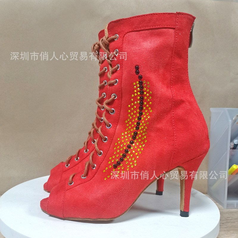 Red High Heel Dance Boots Strap Sandals with Diamond Prom Social Performance Dance Shoes Latin American Dance Jazz Boots