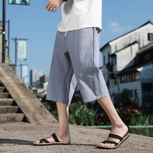 新中式棉麻短裤男夏季外穿中裤宽松大码七分裤纯棉裤子潮流休闲裤